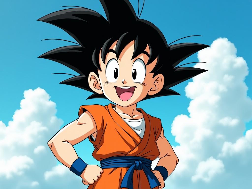 This lively anime illustration features a young character with spiky black hair, wearing a bright orange martial arts outfit with a blue sash. He stands confidently against a clear blue sky dotted with fluffy white clouds, exuding energy and optimism. The character’s expressive face and wide smile contribute to the overall joyful and adventurous tone of the artwork.