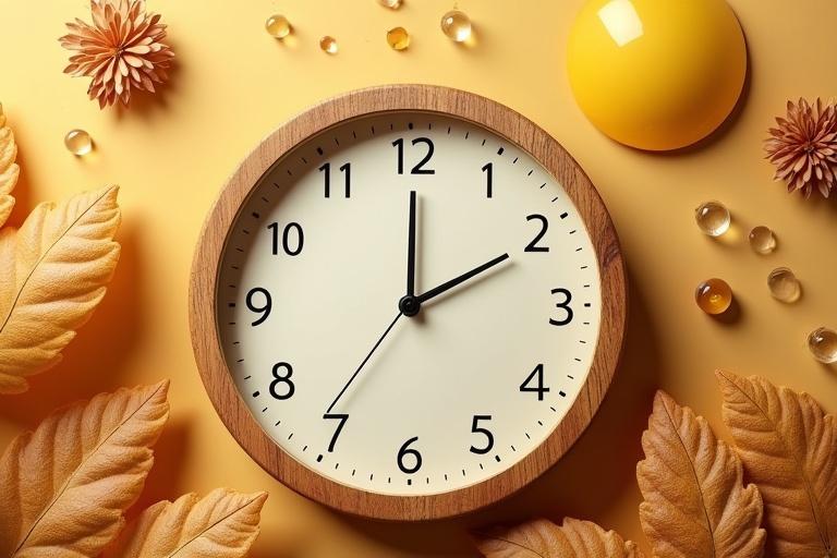 A wooden clock displayed on a saffron background. Surrounding elements include organic leaves and yellow sun-like objects. Water droplets are scattered around. The clock has a simple white face with black numbers and hands.