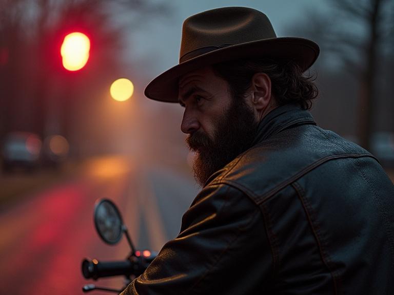 Man seen from behind on a Harley at night on Route 66