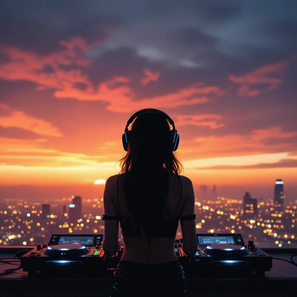 Distance shot of a female DJ in a cyberpunk setting. Dark skies with a dramatic sunset. City lights in the background. Raw photography capturing an urban nightlife vibe.