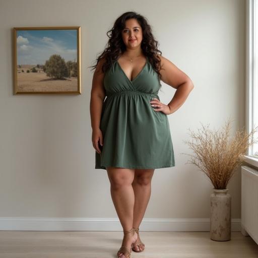 Woman stands in a room wearing a short green dress. She has curly hair and is smiling. A light and airy atmosphere surrounds her with natural light coming in.