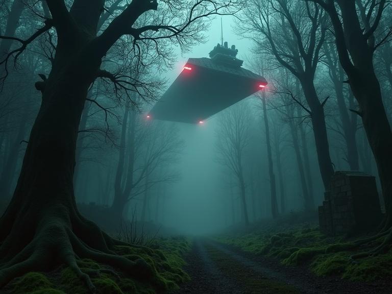 A scene shows a dark ancient forest. Tall twisted trees with gnarled branches reach into the sky. A Star Destroyer hovers in the mist above. The forest floor is covered in moss, leaves, and bioluminescent fungi. Fog rolls over the ground revealing old stone ruins. Dim light shafts pierce the tree canopy. The atmosphere feels tense and ominous.