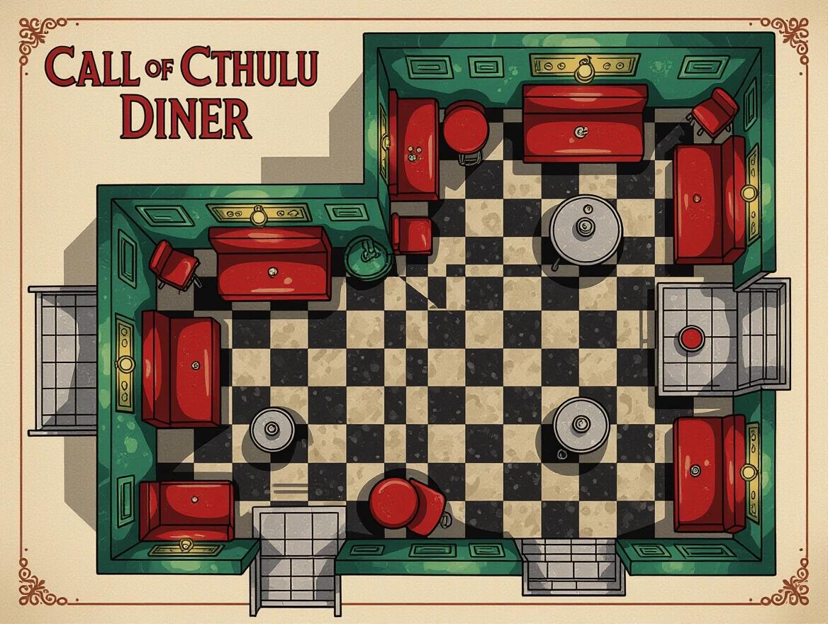 Top down layout of a diner designed for Call of Cthulhu. Features classic 1920s diner elements like booths and tables. Dark and eerie atmosphere suitable for gaming.