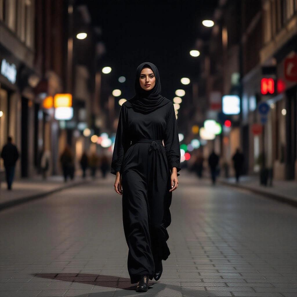Muslim woman in full black attire walking confidently on an empty street at night with good lighting and urban backdrop.
