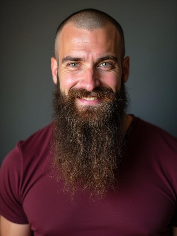 A thirty-something man with green eyes and a long beard has a shaved head. He is muscular and wears a maroon t-shirt. He has a friendly smile.