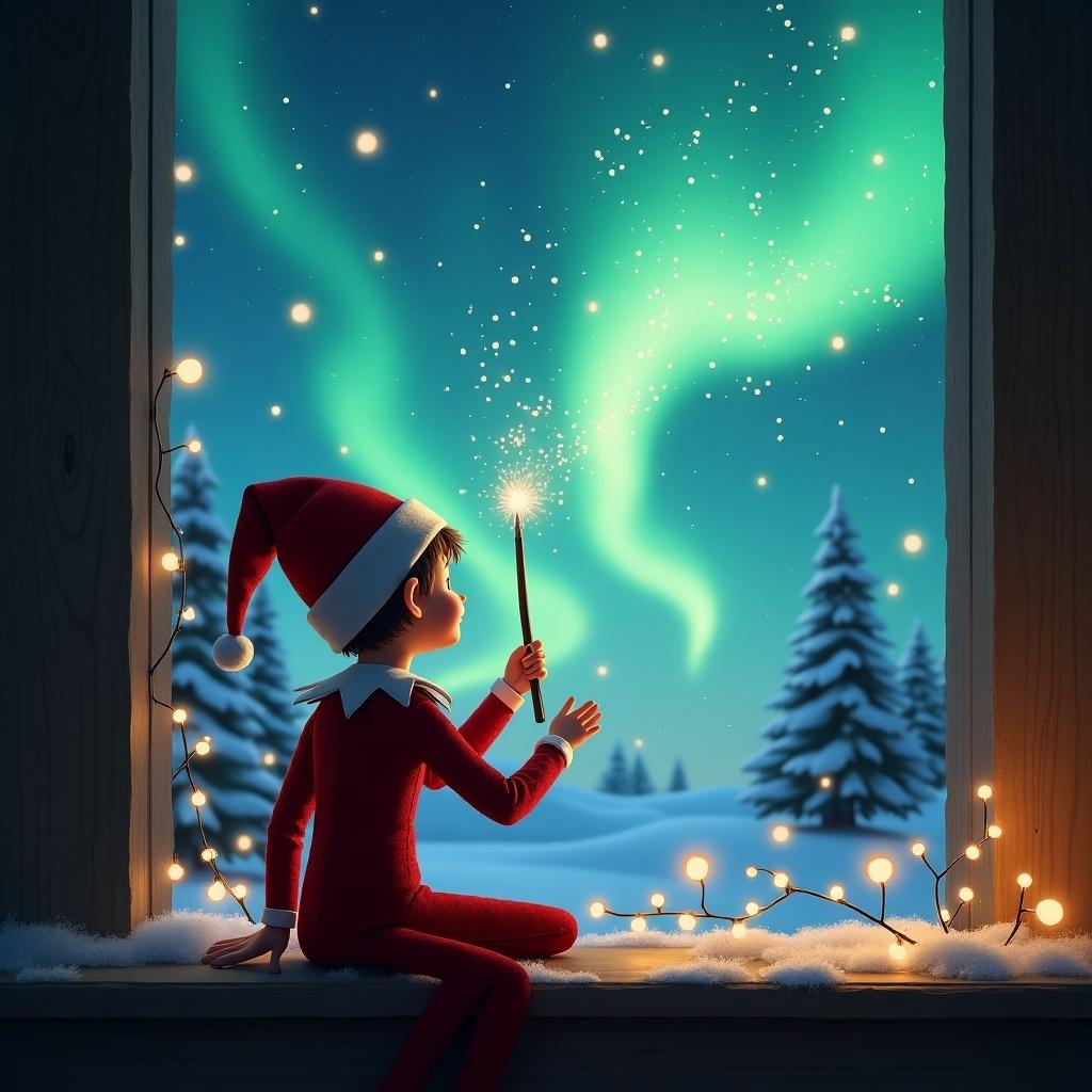 Elf on the shelf faces the sky using a wand. Magical Christmas scene with northern lights and Santa in the background.