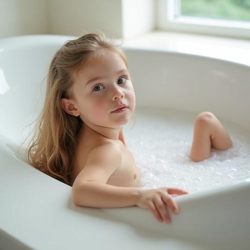 Thin blond girl lying back in bathtub. Child gazes at camera. Long hair flows to the side. White minimalist design bath. Bright natural light enhances the peaceful scene.