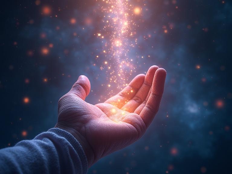 A hand catches glowing stars pouring down like a waterfall. The scene glows with shimmering, holographic textures and cosmic elements resembling beauty of stars. Radiance drifts through a cosmic space with a 3D undulating effect.