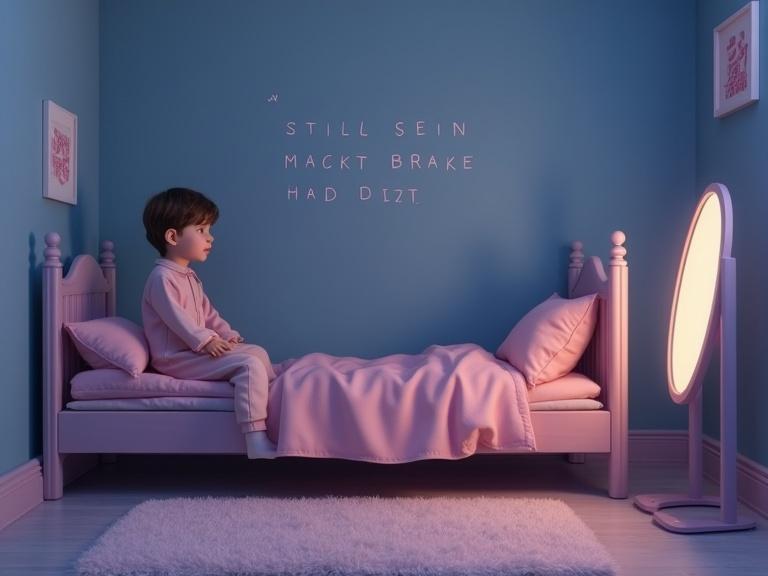 A calm warm evening atmosphere in a simple light violet children's room. A small bed with a cover in muted pink and lavender is in the center. A child with two dark braids and a soft pajama set sits on the edge of the bed. The child is looking at a standing mirror next to the bed. The expression is serious and quiet with slightly flushed cheeks. On the wall, simple round letters spell out: 'Still sein macht brave Mädchen stark.' The style is watercolor-like with gentle soothing colors.