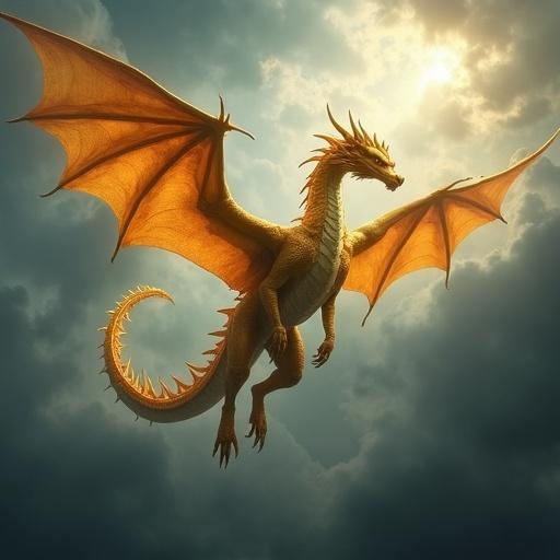 Majestic golden dragon soaring through a storm-filled sky with outstretched powerful wings.