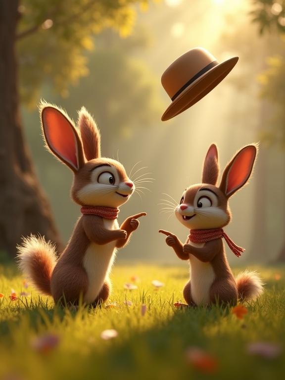 A stylized Pixar-like forest park setting. A gust of wind lifts a beige hat into the air. The bunny and squirrel show surprise expressions. Their ears and scarves flutter in the wind. The bunny points to the floating hat. The lighting is warm and cinematic. The fur and cloth textures are highly detailed.