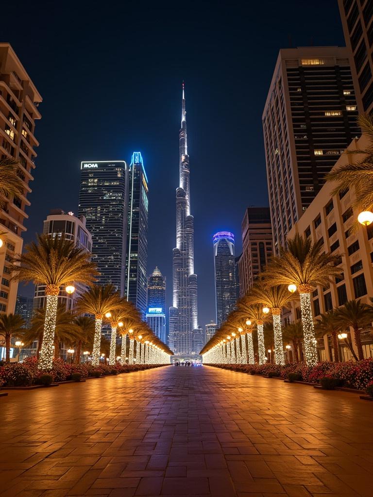 Night view of Dubai with festive decorations. Palm trees aligned along a pathway. Burj Khalifa illuminated at night. Modern skyscrapers surrounding the area. Colorful lights enhancing the holiday spirit.