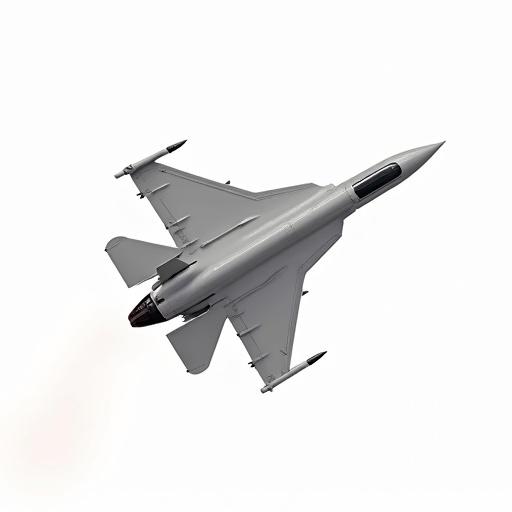 A fighter jet flying in the air with a white background. The jet is captured from a top-down view. The design is sleek and modern with wings extended.