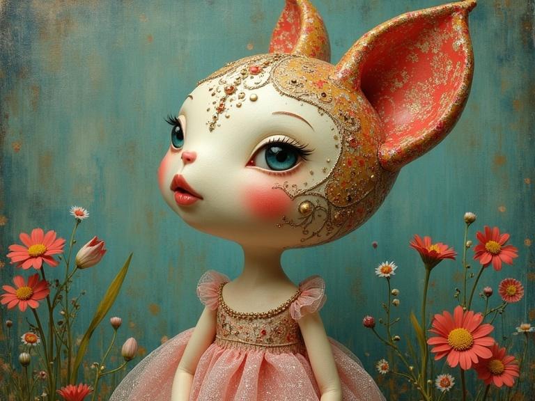 Doll with cat-like ears is adorned with intricate gold embellishments. Soft pink dress fits with floral surroundings. A blend of folk art style and whimsical charm.