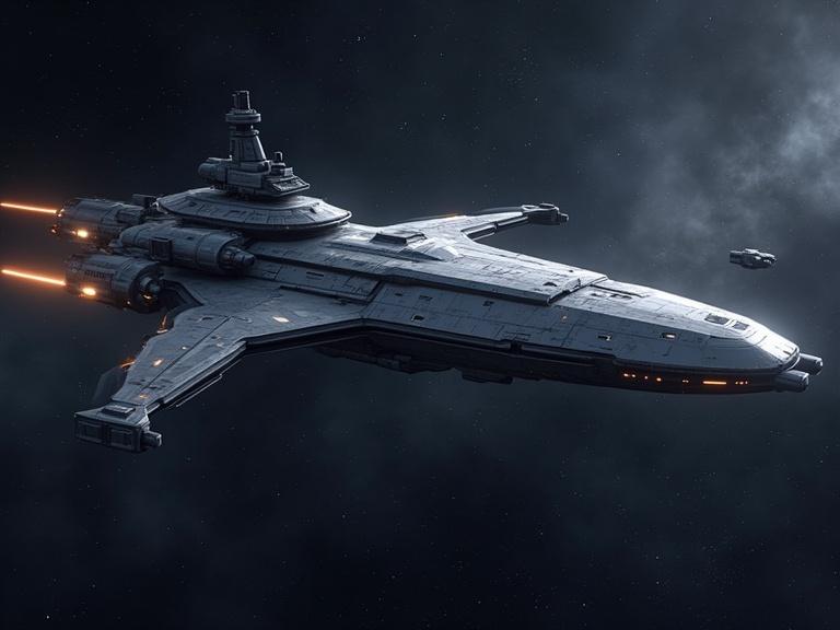 Image depicts a galactic cargo transport ship viewed from the side in a dark cosmic space. The ship features sleek design with glowing elements. Detailing on the ship shows futuristic style. Background includes stars and space dust.