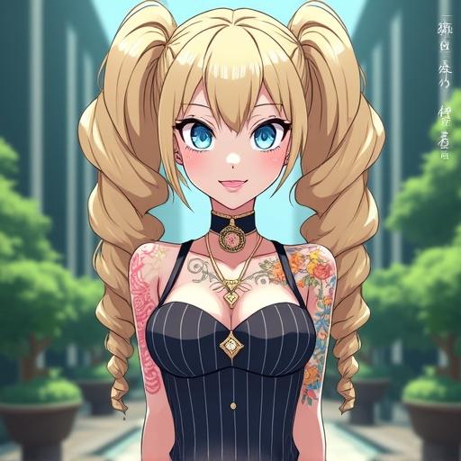 Anime character enters high-tech Japanese garden. Woman wears professional pinstriped dress. Features large light blonde pigtails and colorful tattoos. Portrayed as half Japanese half Saiyan with royal elegance. Muscular build including visible abs. Enhancements include double belly button ring and makeup details.