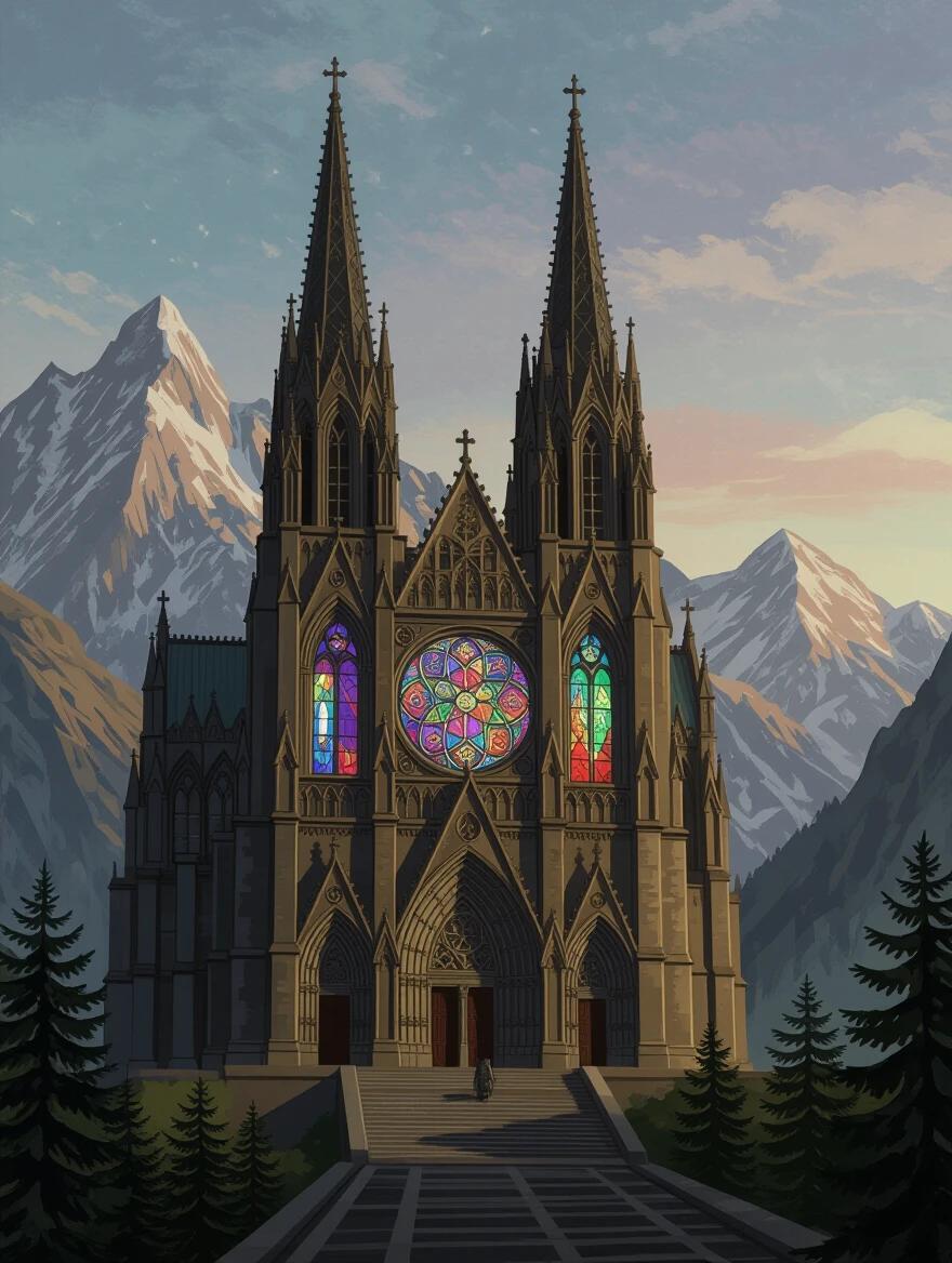 An epic cathedral located on a mountain. The cathedral features a stained glass window depicting runes of power. The colors are muted and soft. The scene is set against a backdrop of mountains.