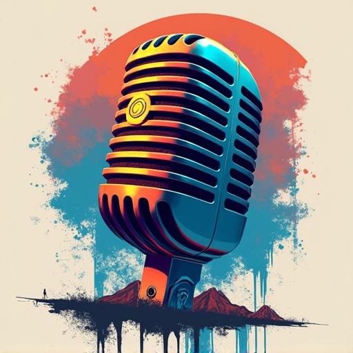 Graphics for audio and voice featuring a vintage microphone. Art style is vibrant and colorful with a retro touch. Background includes stylized mountains and abstract elements.