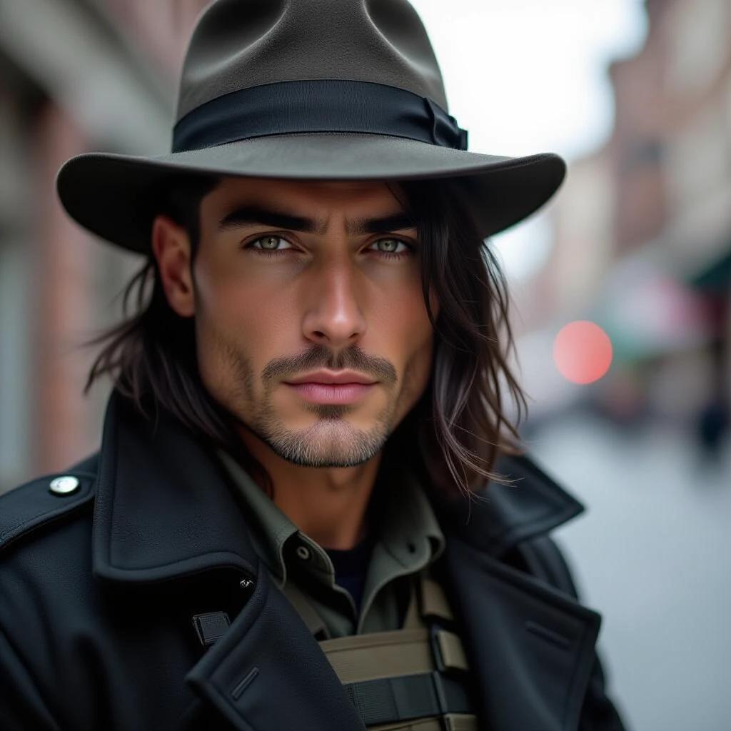 Black investigation overcoat worn slightly. Eyes show fatigue. Medium-long black hair. Gray ex-military hat. Tactical clothing adds to the serious look.