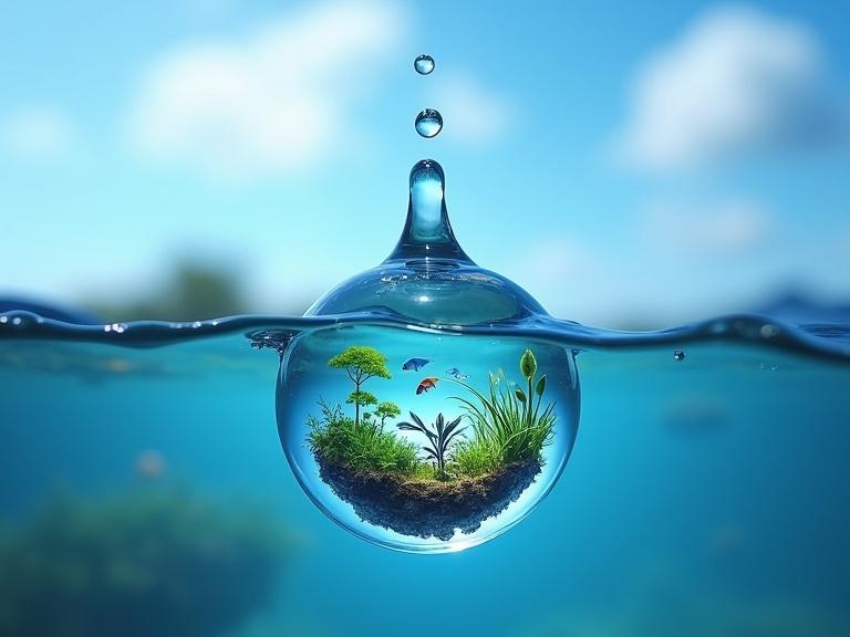 An intricate scene displaying a blue orb drop magnified. Inside the blue orb drop are tiny plants and indigo fish thriving in a miniature ecosystem. The drop floats in the air with a blurred blue sky in the background. The image represents the connection between water and planetary health.