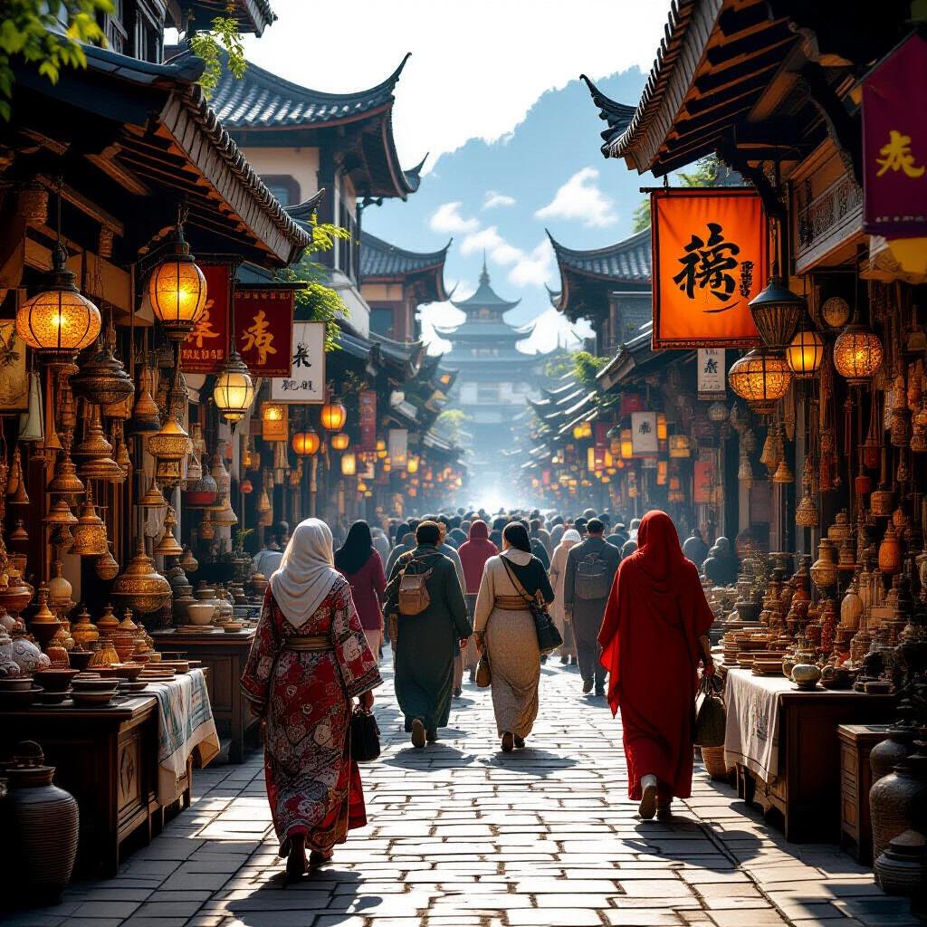 Marketplace filled with artisans and merchants from various cultures. Hyper-realistic scene with vibrant colors. People walking through a busy street. Lanterns illuminate the space. Cinematic atmosphere in 8K resolution.