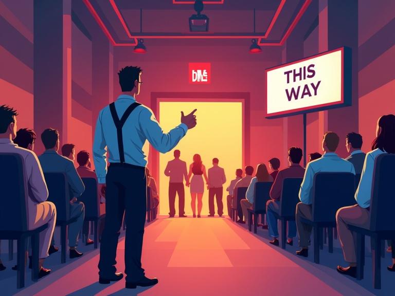 Illustration features an event usher welcoming attendees. Ushers stand in front of a group. A bright exit with 'this way' sign is visible. Scene conveys guidance and organization.