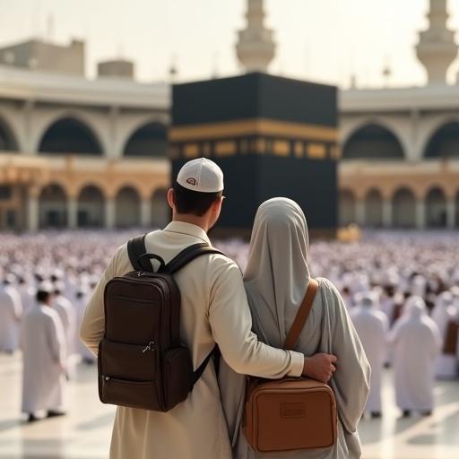 Heartwarming photograph of a couple standing in front of the Kaaba at Masjid al-Haram in Mecca. Man has arm around woman wearing light grey hijab and holding a book. Both dressed modestly with backpacks, facing sacred Kaaba. Surrounding pilgrims in white ihram clothing. Grand mosque’s arches and tall buildings in background. Soft daylight illuminating scene creating peaceful atmosphere.