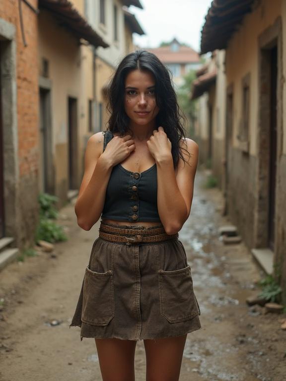 Young gypsy female in a 19th century empty street in Eastern Europe. Dirty worn thick yuta miniskirt and tank top. Curvy body with round face. Dark hair and freckles. Tanned skin. Happy and shy expression. Barefoot and nervously stretching neckline.