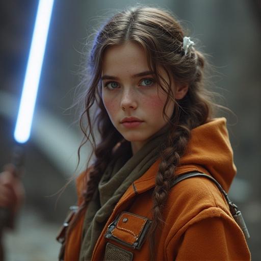 A girl dressed in rustic clothes holds a light saber. She has long hair styled with braids. The environment features a sci-fi backdrop resembling an alien landscape.