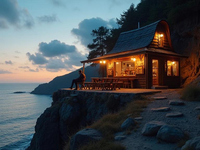 A small remote seaside café at dusk on a cliff. Warm inviting lights. Rustic sign reading Café on the Edge of the World. A traveler seated thoughtfully. Peaceful scenery with soft golden-blue tones.