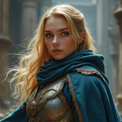 Epic and realistic fantasy context. Young female paladin of Torm with blonde hair and blue eyes. Wearing chainmail with sword and shield. Background with an ancient setting.