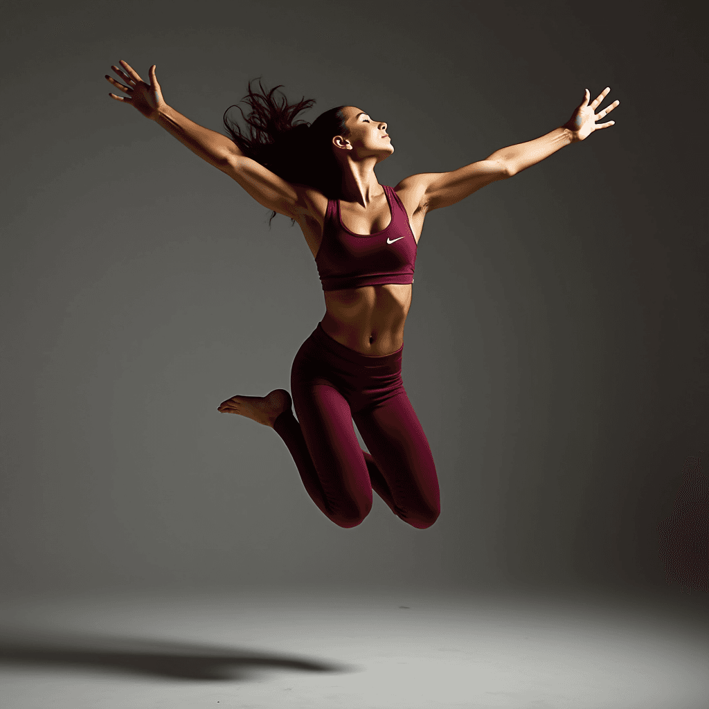 A woman in athletic wear jumps high in the air against a dark background.