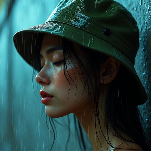 Hyper-detailed portrait of a woman in rainstorm. Profile with head tilted downward. Wearing an olive-green military bucket hat. Rainwater streaming down her face. Dark hair matted against her head. Directional lighting from upper left. Background shows a blurred gray concrete wall. Tight focus on lips and water trails. Skin shows natural texture. Steam rising from breath merges with rain.