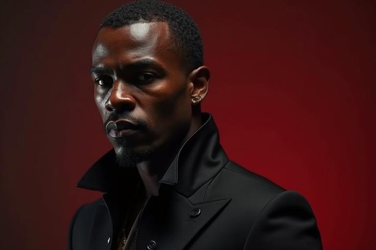 Close-up shot of a man wearing a stylish black coat in dramatic lighting against a dark red background.
