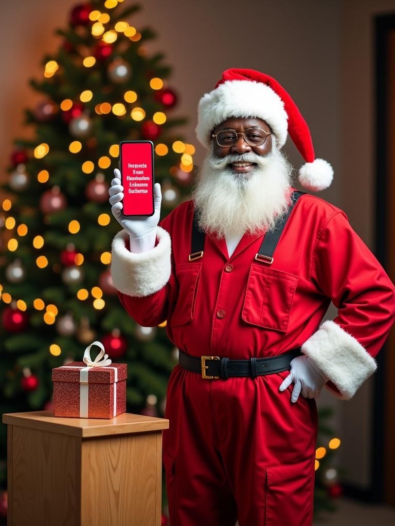 A cheerful Santa Claus is depicted in festive attire. He holds a red smartphone. The screen displays a Christmas greeting from a trade union. Around him are symbols of solidarity on a podium. Behind him stands a beautifully decorated Christmas tree with lights and ornaments. The scene radiates warmth and joy, celebrating labor unionism during the festive season.