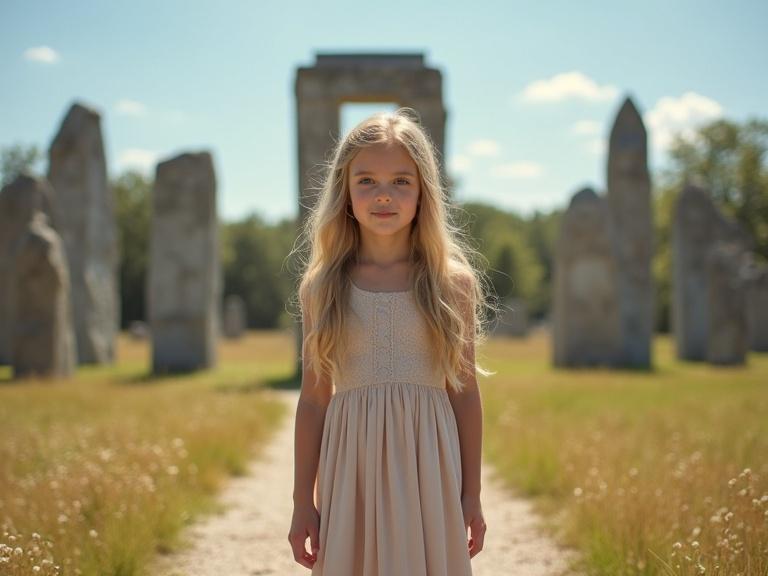 A professional dynamic photograph featuring a ten-year-old slim girl with blonde long hair. She wears a long flowing dress. She stands in front of the Georgia Guidestones before its demolition under sunny weather.