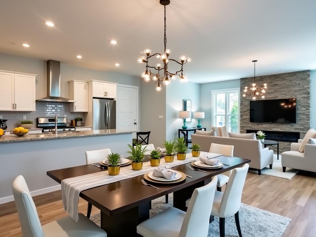 This image depicts a modern dining area that seamlessly connects with the kitchen and living room. The dining table is made of dark wood and is set with a light striped runner and several small plants in gold pots as a centerpiece. The dining chairs feature upholstered white seats which contrast nicely with the table. Behind the dining area, the kitchen boasts modern fixtures, including a shiny granite countertop and sleek white cabinets. The living room area can be seen in the background, featuring a cozy seating arrangement and a stone accent wall with a flat-screen TV mounted on it. The space is bright and airy, thanks to large windows and elegant light fixtures that hang above both the dining table and kitchen island.