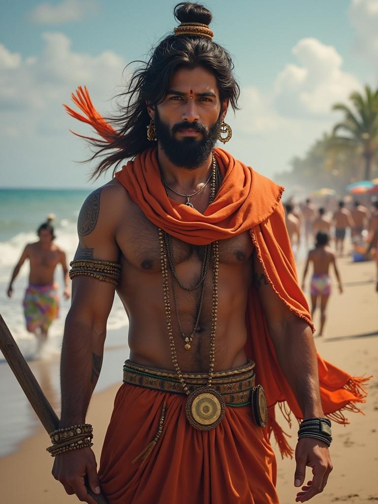 A male figure in traditional orange attire walks along a beach. The figure has long hair and is adorned with necklaces and bracelets. The beach is filled with people in the background. Bright sunlight casts a warm glow over the scene. The ocean waves are calm and the atmosphere is vibrant.