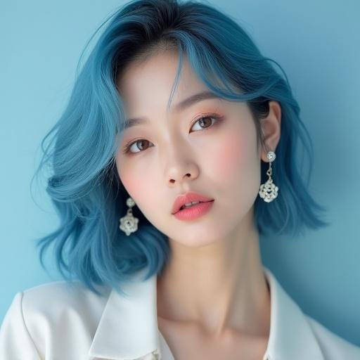 Portrait of a Korean woman with blue hair and pink lipstick. She wears earrings and poses in front of a soft blue background. The photograph is styled like a fashion magazine cover, with a focus on her face and upper body. Soft lighting enhances her natural features and gives a professional look.