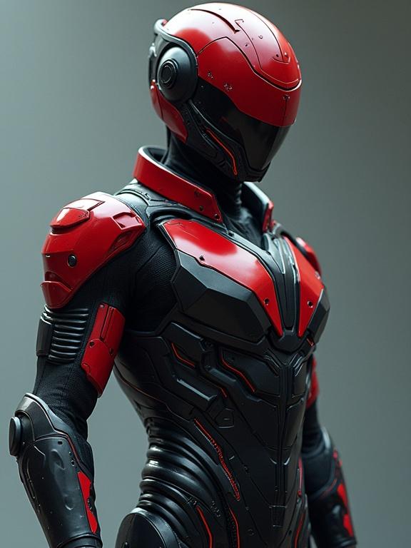 Full body image of a sleek, high-tech sci-fi power suit. Sharp aerodynamic helmet with visor. Armor has angular shapes and red accents.