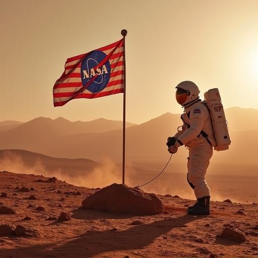 An astronaut stands on the surface of Mars. The astronaut is wearing a white spacesuit with a helmet. A NASA flag is being planted into the Martian soil. The background shows red sandy terrain and distant mountains. The lighting is soft and warm.