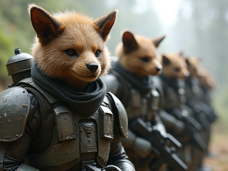 Furry humanoid alien soldiers. They wear sci-fi military suits. Soldiers lined up in a misty forest. Realistic features and armor. Focus on expressions and details.