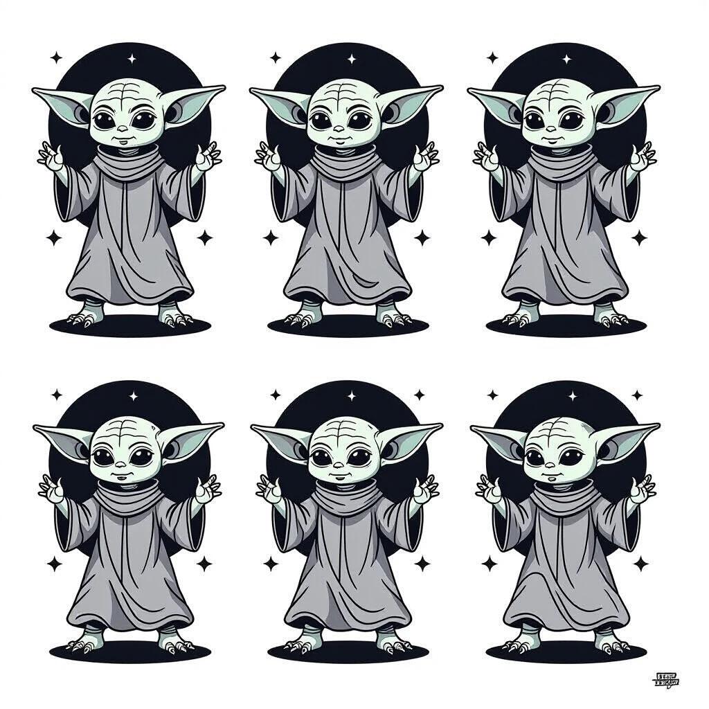 Tattoo sheet displays various dancing poses of Grogu. Thick black and white lines used for minimalist style. Inspired by tattoo artists like Russ Mills Patrick Nagel Victoria Frances Anne Stokes.