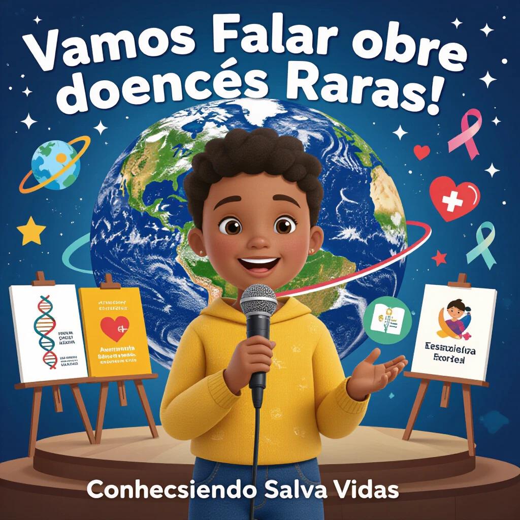 A child around 8 years old speaking confidently. The child holds a microphone. The child stands on a stage in front of a globe. Colorful posters and educational icons surround the child. Texts in Brazilian Portuguese regarding rare diseases and knowledge. The image conveys hope and empathy.