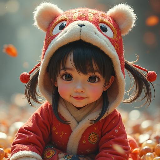 A girl in a bear-themed hood and cozy attire playing outdoors with a warm expression. The scene captures a joyful moment surrounded by autumn leaves.