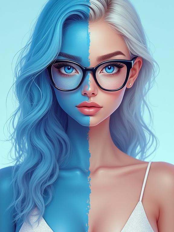Digital art illustration of a woman with half blue and half white face. She wears glasses and a bikini. Vivid blue and pristine white makeup enhance her features. Quiet confidence in her expression. Soft pastel background.