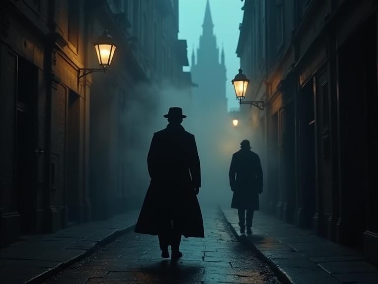 A shadowy London alley at dusk features Sherlock Holmes in disguise. Dr. Watson appears stunned. Victorian buildings tower in the background. Gaslights cast dramatic shadows.