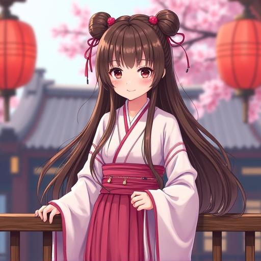 A smiling anime girl with brown hair in double buns and long strands. She wears a pink and white traditional dress. She stands on a wooden balcony with a red lantern and cherry blossoms in the background. The style is vibrant 16-bit pixel art with detailed features.