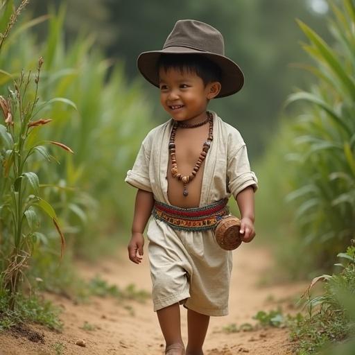 A young boy named Sukarno in 1906, 5 years old, living in a village in Indonesia. Wearing a loose, white shirt, baggy pants, colorful belt, and klompen sandals. The boy has a dark songkok hat, wooden bead necklace, and a bright smile. Surrounded by green plants and trees, holding a wooden toy carved by his father, showing joy in a playful setting.