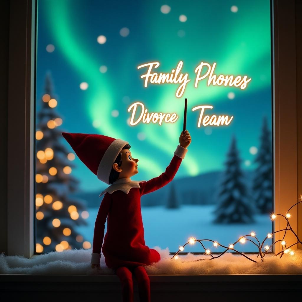 An enchanting Christmas scene featuring an elf on the shelf. The elf, dressed in red and white, stands facing a vibrant backdrop of the northern lights. He wields a magic wand, writing 'Family Phones' and 'Divorce Team' in glowing script. The elf's back is turned to the viewer, creating a sense of mystery. The atmosphere is festive and whimsical, perfectly capturing the spirit of the holiday season. Soft lights twinkle around, enhancing the magical feel of the scene.